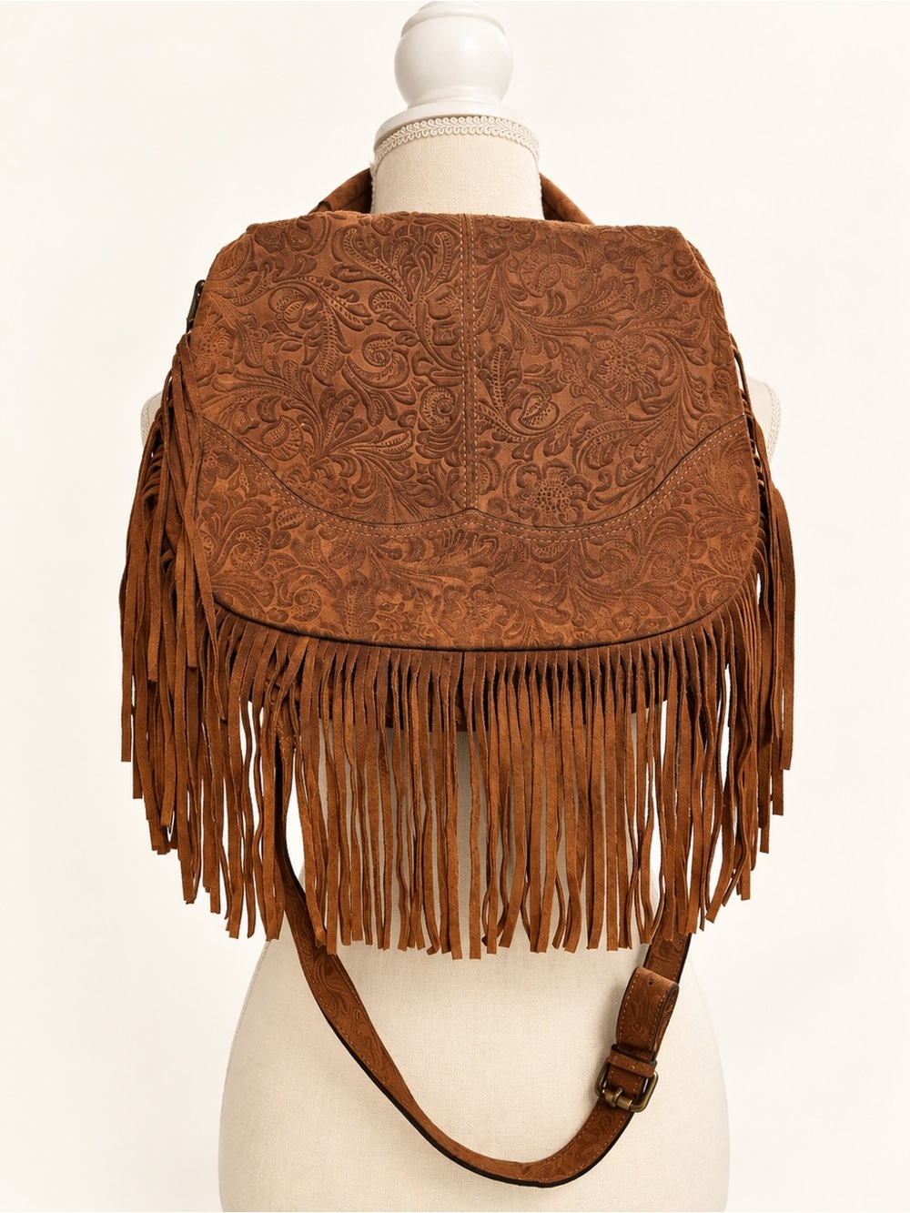Sundance Brown Tooled Suede Fringe Shoulder Bag Western Boho Crossbody